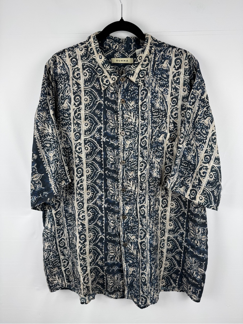Navy & Cream Patterned Button-Up Silk Shirt